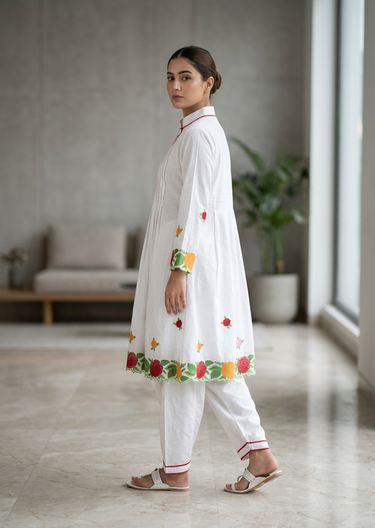 Bhagalpuri Handmade White Cotton Floral Embroidered Kurta Set