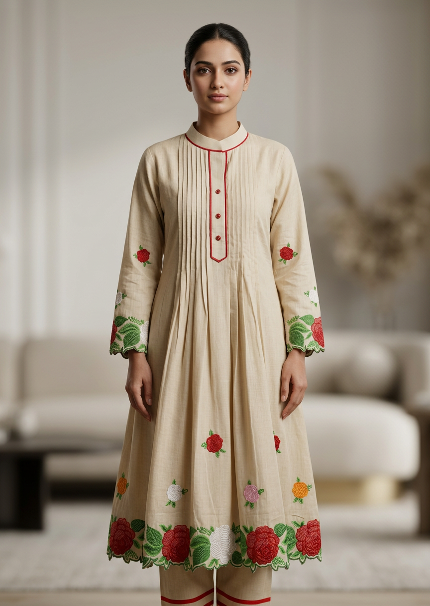 Bhagalpuri Handcrafted Beige Cotton Embroidered Kurta Set with Dupatta