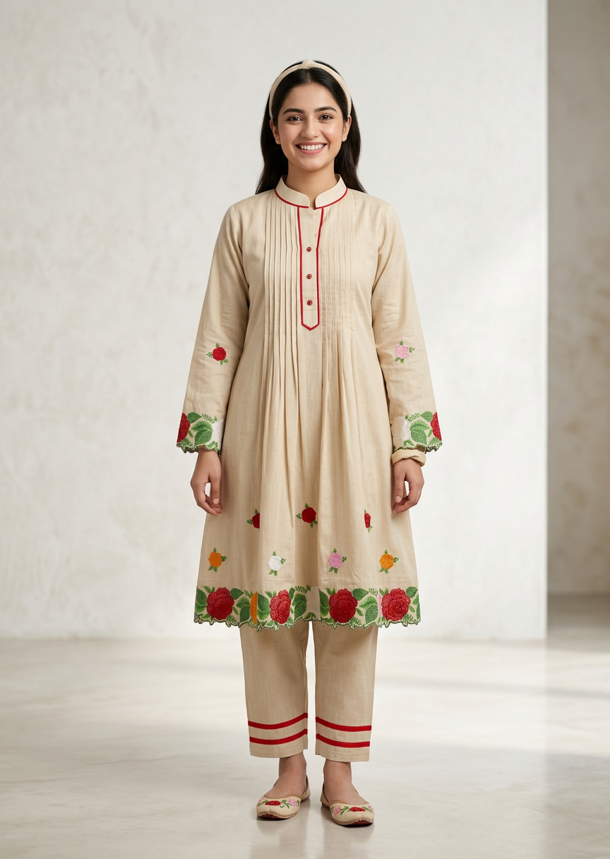 Bhagalpuri Handcrafted Beige Cotton Embroidered Kurta Set with Dupatta
