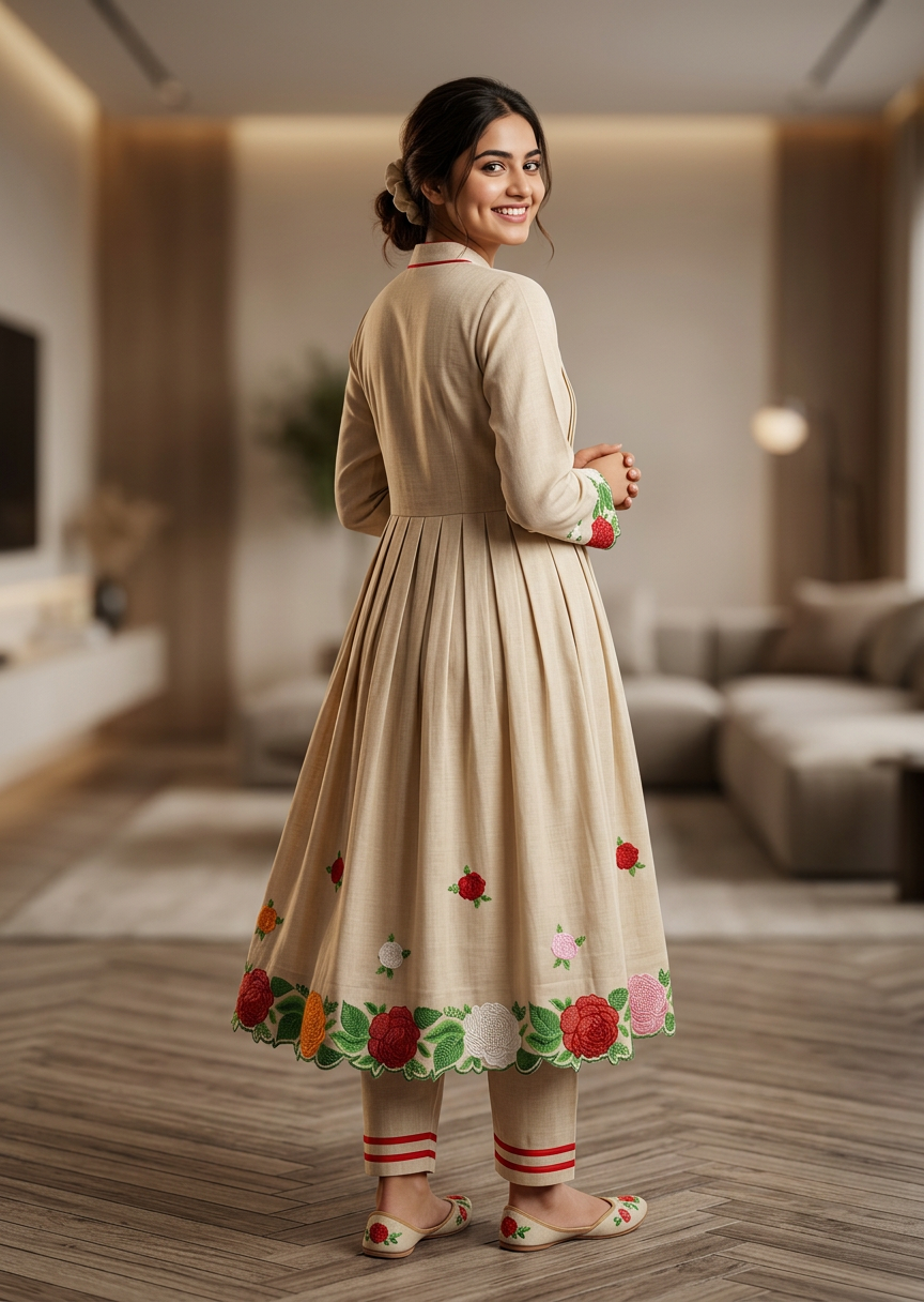 Bhagalpuri Handcrafted Beige Cotton Embroidered Kurta Set with Dupatta