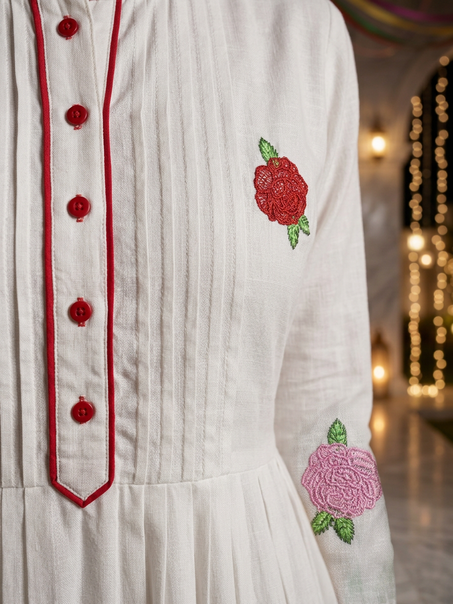 Bhagalpuri Handmade White Cotton Floral Embroidered Kurta Set