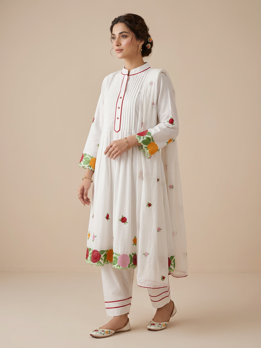 Bhagalpuri Handmade White Cotton Floral Embroidered Kurta Set