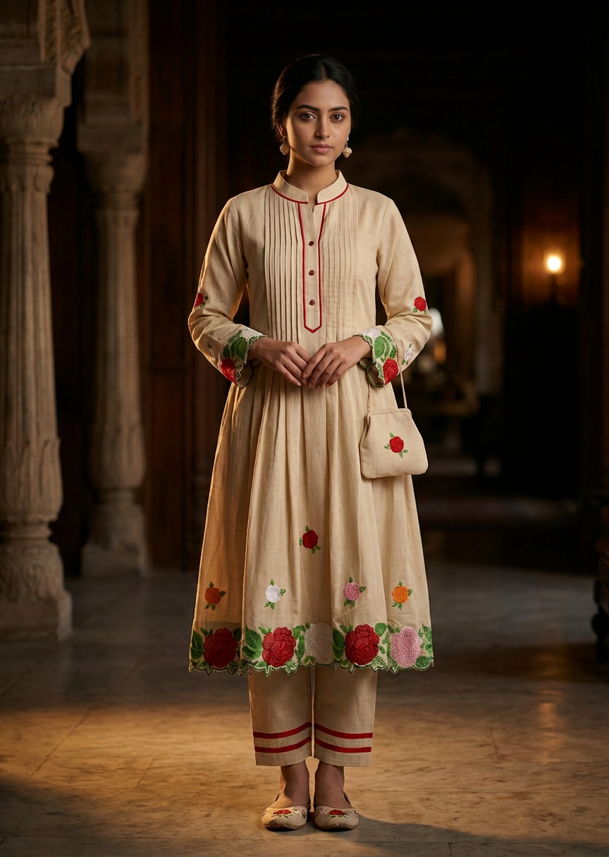 Bhagalpuri Handcrafted Beige Cotton Embroidered Kurta Set with Dupatta