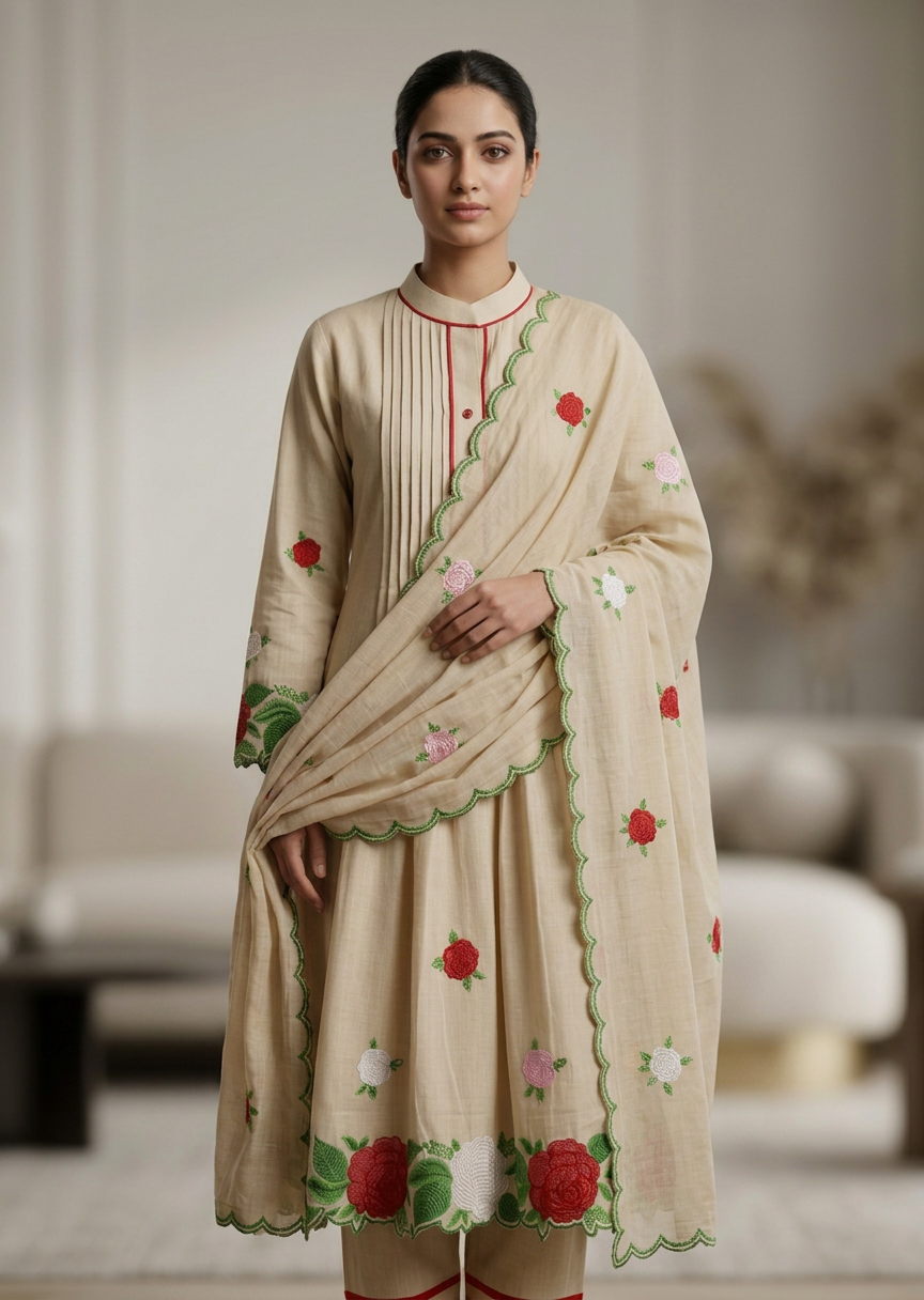 Bhagalpuri Handcrafted Beige Cotton Embroidered Kurta Set with Dupatta