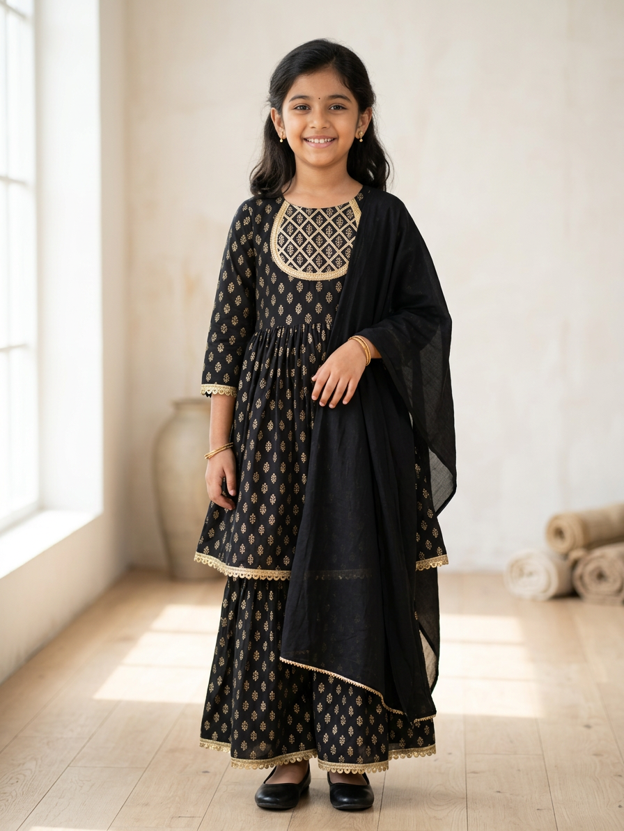 Black Anarkali Style Dress For Girls With Dupatta