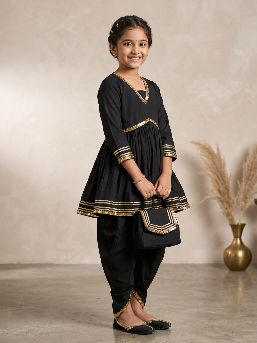 Midnight Bloom Festive Set For Girls With Designer Potli Bag