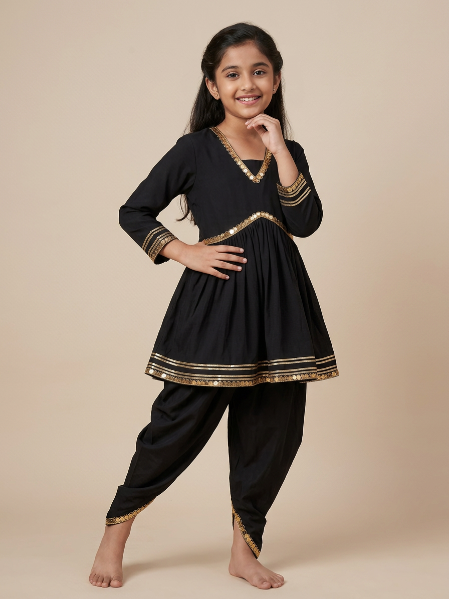 Midnight Bloom Festive Set For Girls With Designer Potli Bag