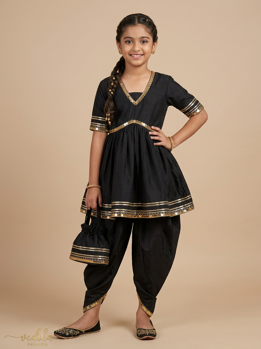 Midnight Bloom Festive Set For Girls With Designer Potli Bag
