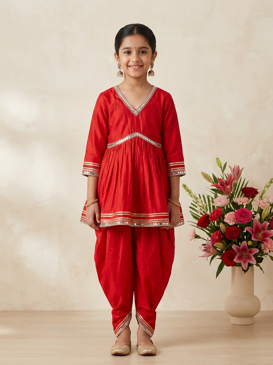 Red Festive Kurti Set For Girls With Stylish Dupatta