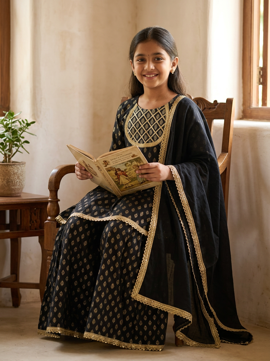 Black Anarkali Style Dress For Girls With Dupatta
