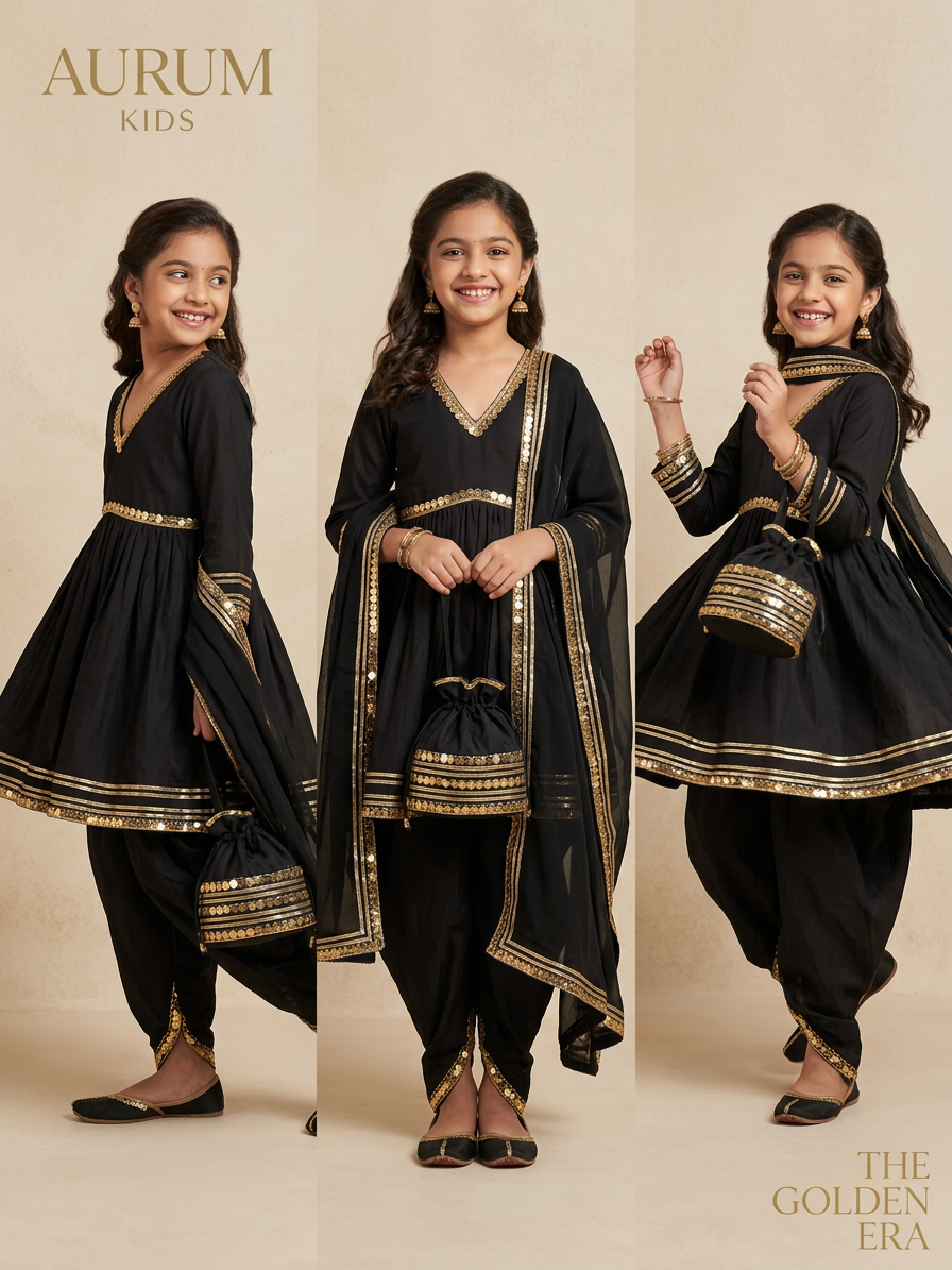 Midnight Bloom Festive Set For Girls With Designer Potli Bag