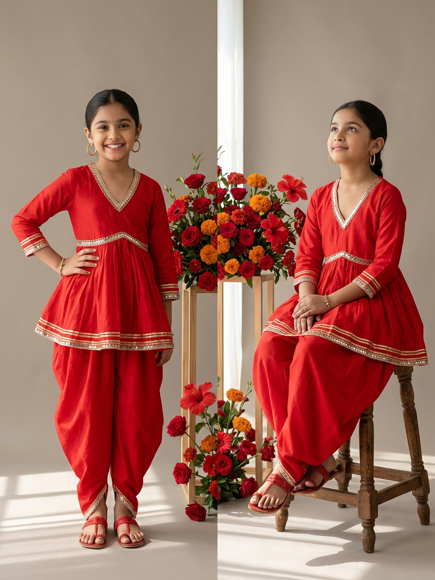 Red Festive Kurti Set For Girls With Stylish Dupatta