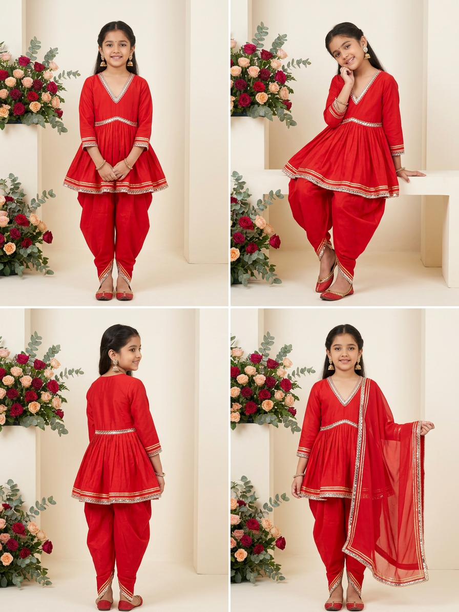 Red Festive Kurti Set For Girls With Stylish Dupatta