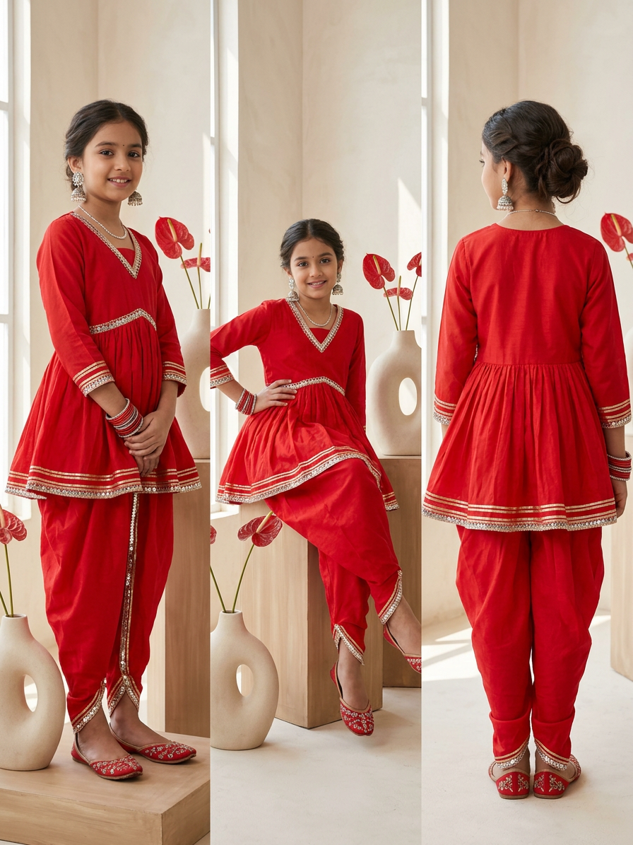 Red Festive Kurti Set For Girls With Stylish Dupatta