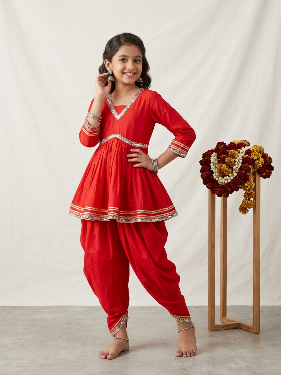 Red Festive Kurti Set For Girls With Stylish Dupatta