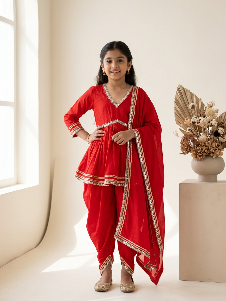 Red Festive Kurti Set For Girls With Stylish Dupatta