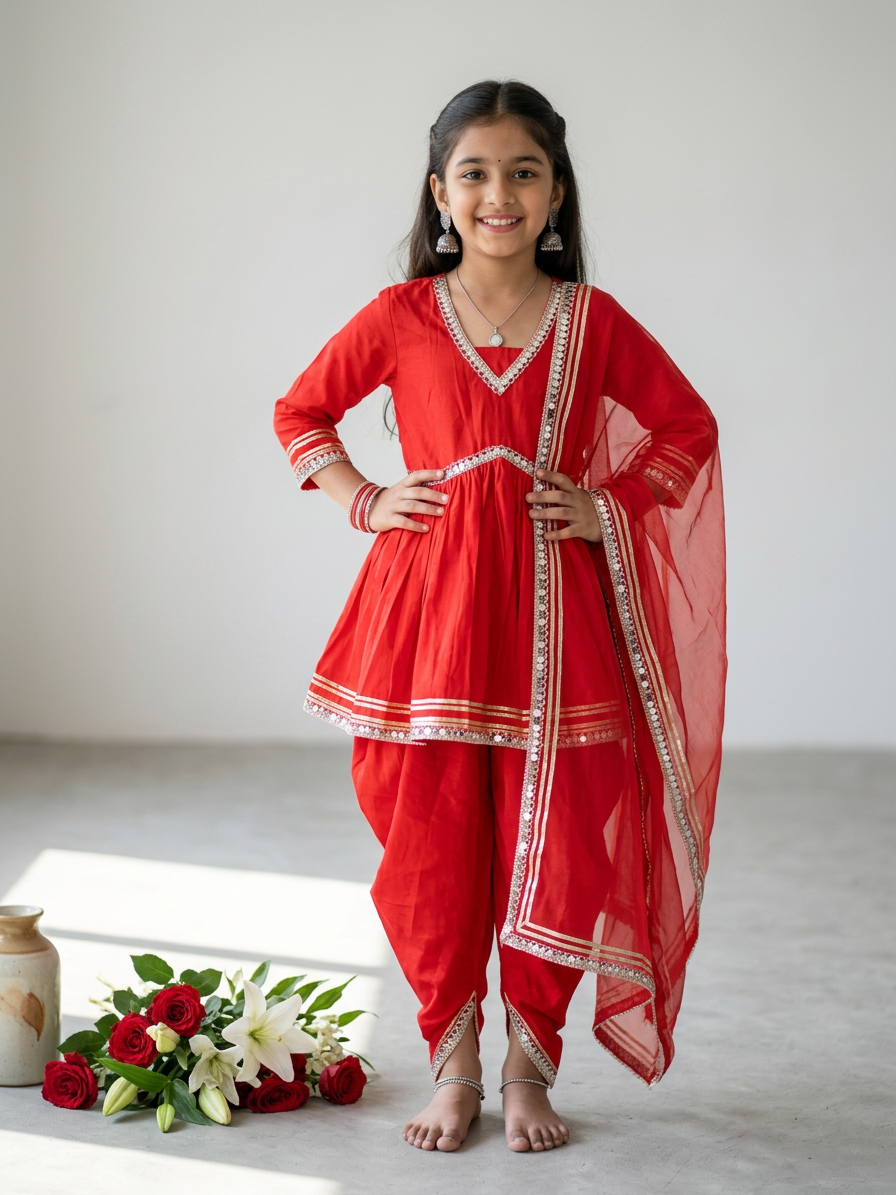 Red Festive Kurti Set For Girls With Stylish Dupatta