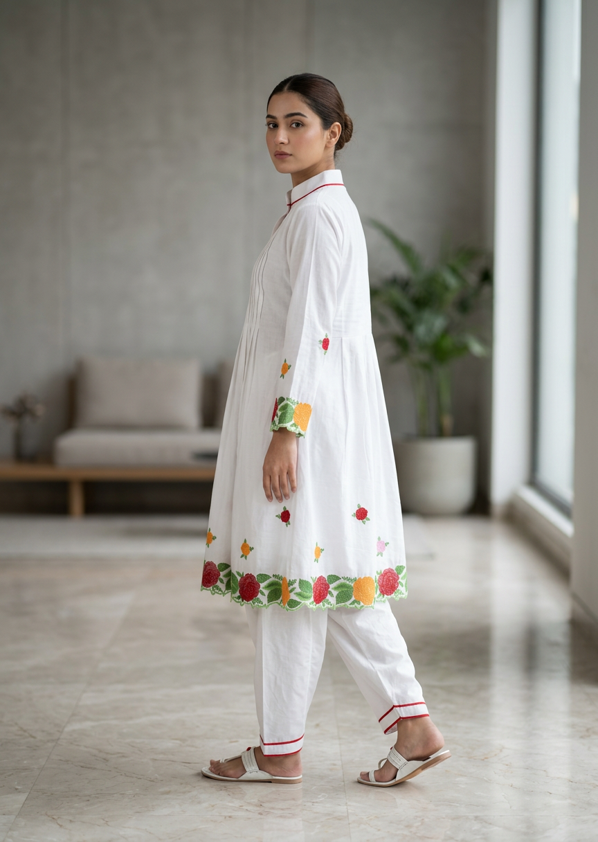 White Bhagalpuri Cotton Embroidered Kurta Set for Women | NEEMROZ - Image 5