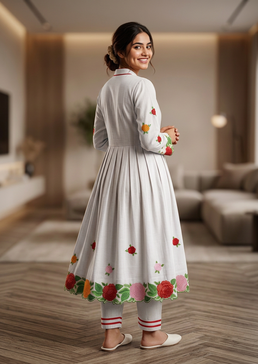 White Bhagalpuri Cotton Embroidered Kurta Set for Women | NEEMROZ - Image 4