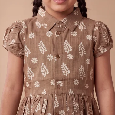 Girls Bhagalpuri Cotton Floral Print Dress with Puff Sleeves