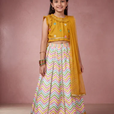 Girls Mustard Gold Festive Lehenga Set