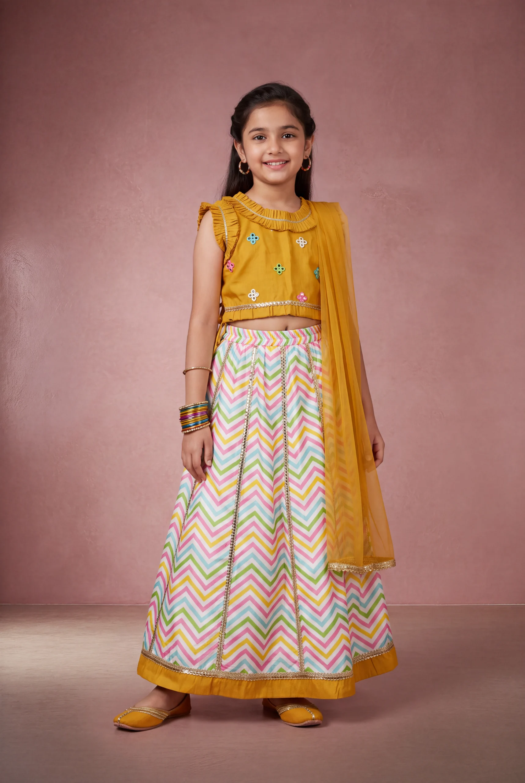 Girls Mustard Gold Festive Lehenga Set