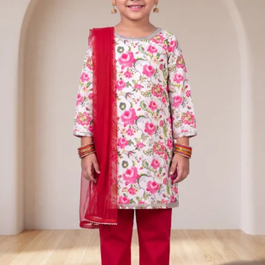 Girls Floral Printed Kurta with Red Pants and Dupatta