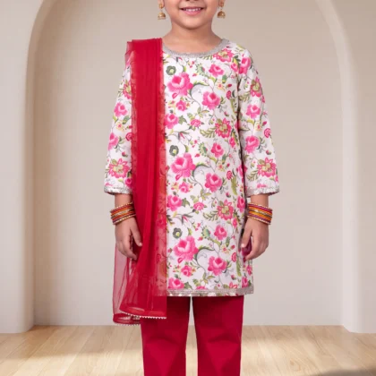 Girls Floral Printed Kurta Set with Pant & Dupatta