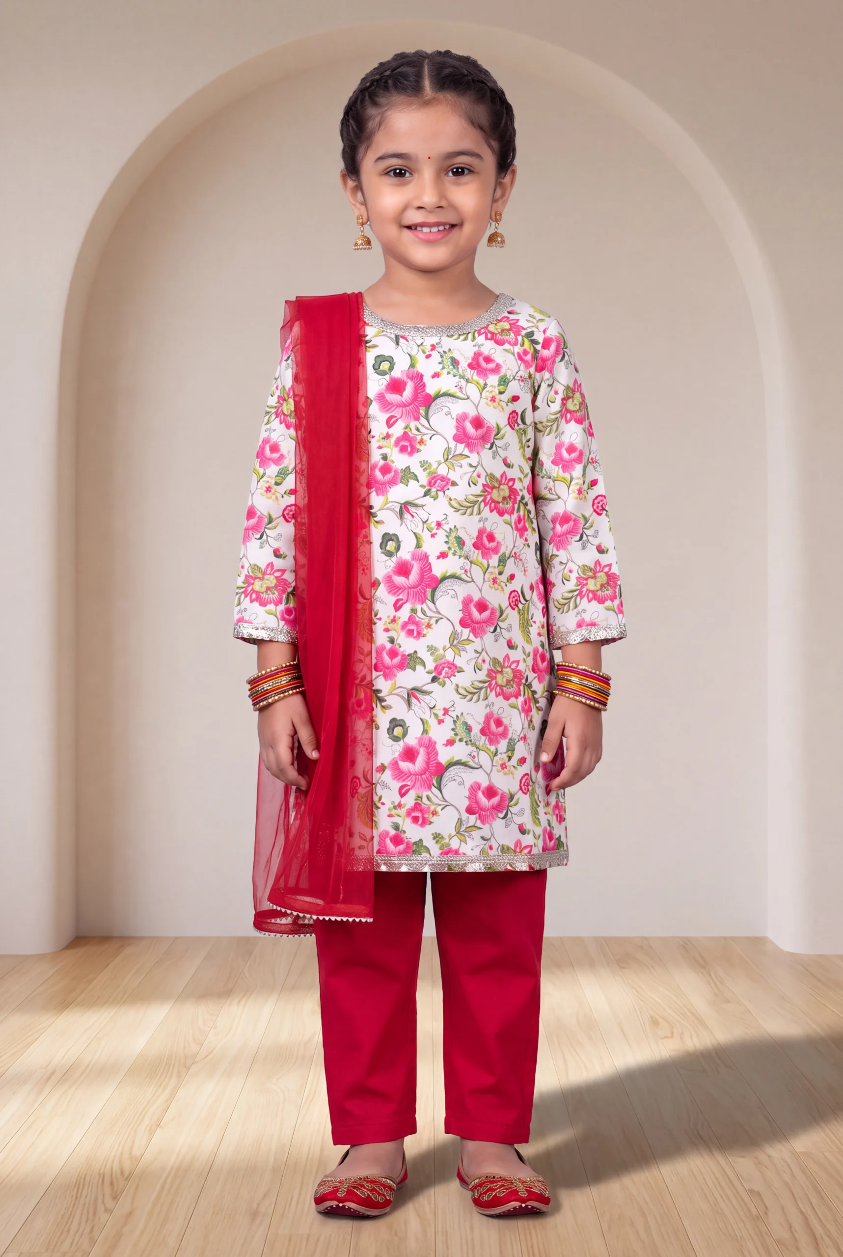 Girls Floral Printed Kurta with Red Pants and Dupatta